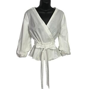 Sundance Avant Garde Womens Wrap Shirt‎ PS White 3/4 Ruched Sleeve Belted Peplum